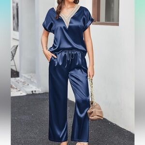 Lace v neck satin pajamas loungewear set
